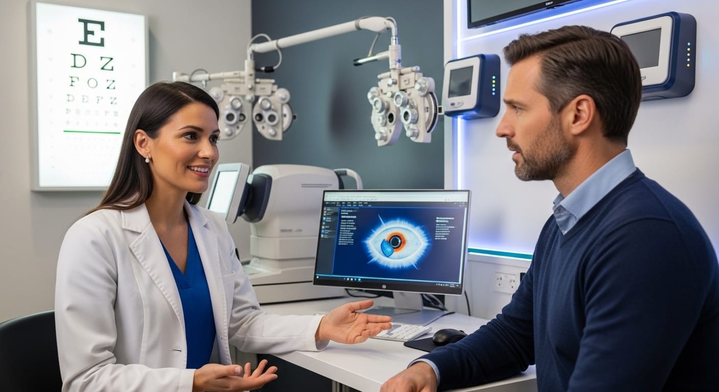 Optometrist explaining digital eye strain and blue light glasses during an eye exam