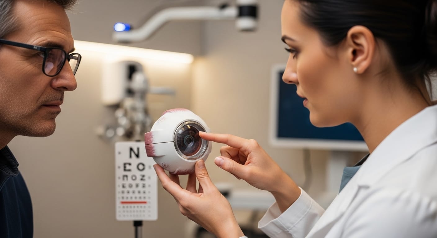 Optometrist explaining presbyopia and near vision changes