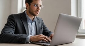 Person wearing blue light glasses while using a laptop to manage screen fatigue in 2026