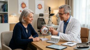 Eye doctor explaining cataract lens options in 2026 to a patient