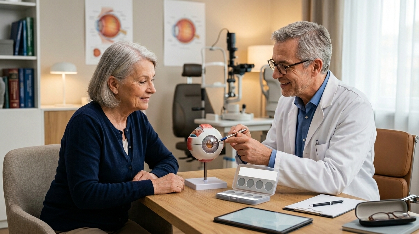 Eye doctor explaining cataract lens options in 2026 to a patient