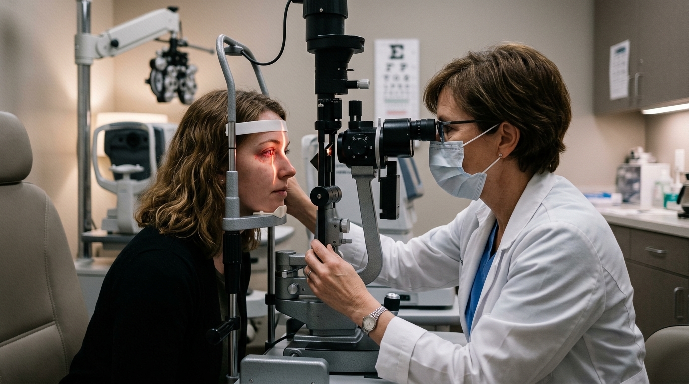 Eye exam for redness and irritation after using artificial tears