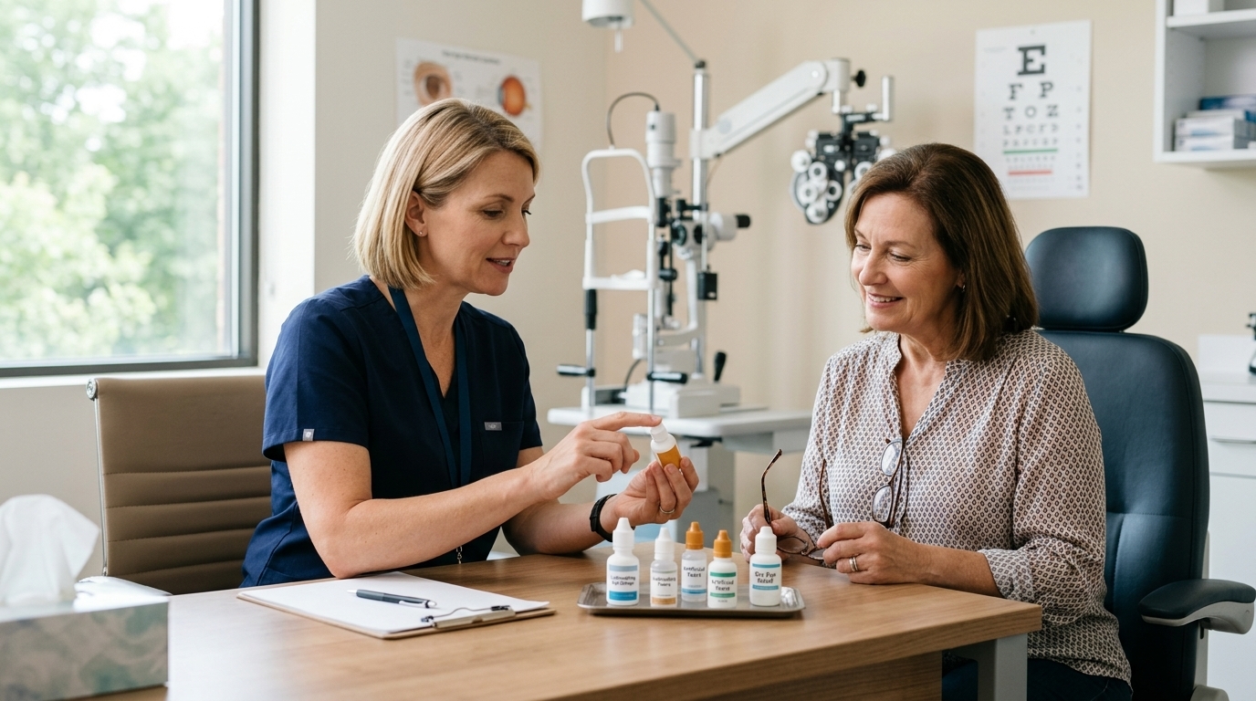 Optometrist explaining eye drop safety after eye drop recalls in 2026