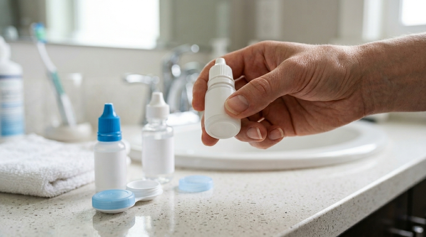 Patient checking artificial tears label and expiration date for eye drop safety