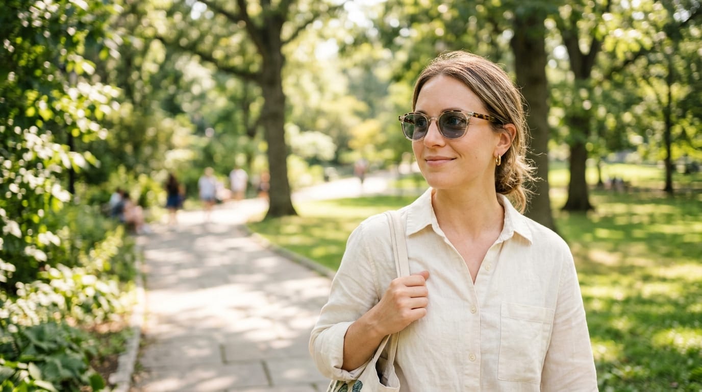 Person wearing sunglasses outdoors for UV eye protection and long-term eye health