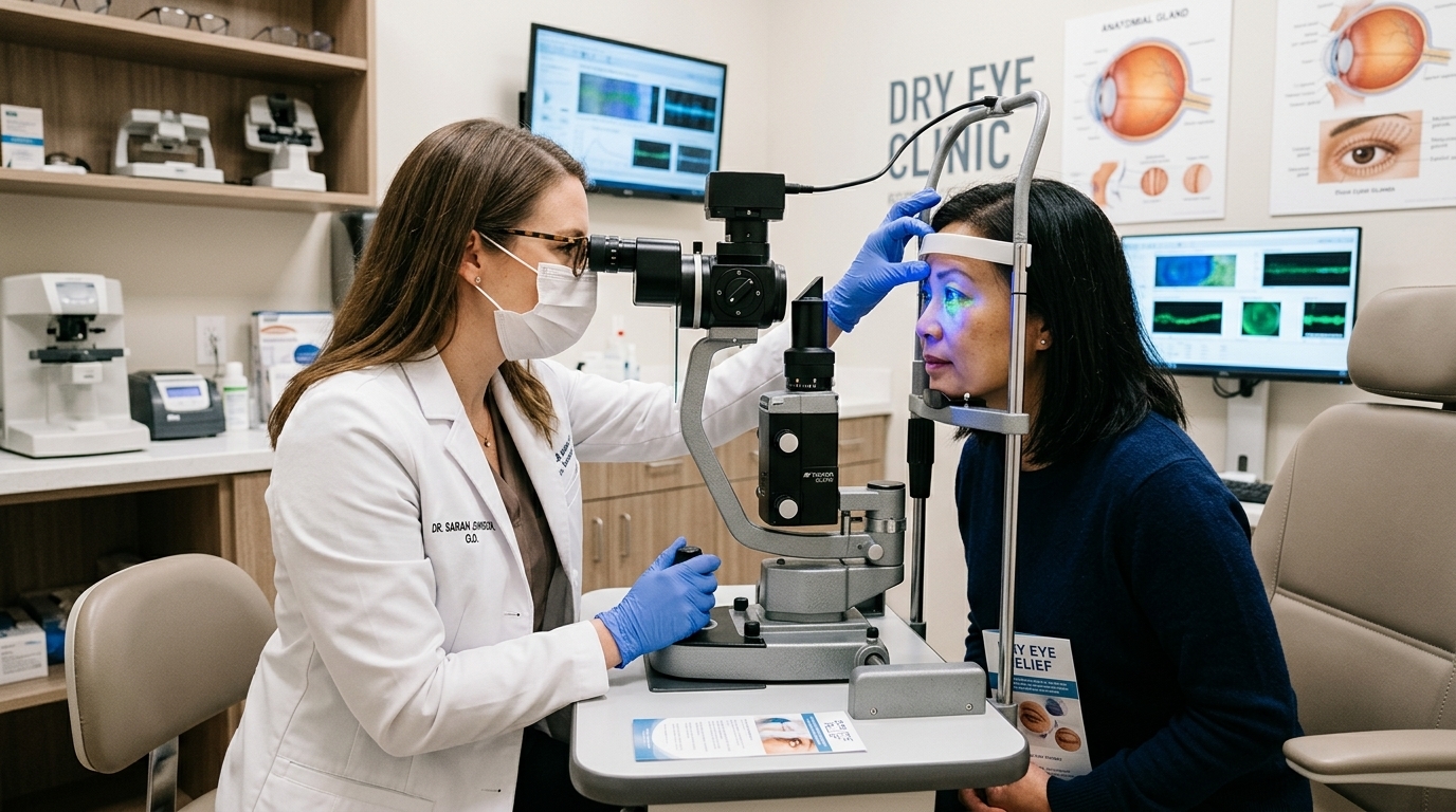 Eye doctor evaluating tear film and eyelid glands for menopause-related dry eye