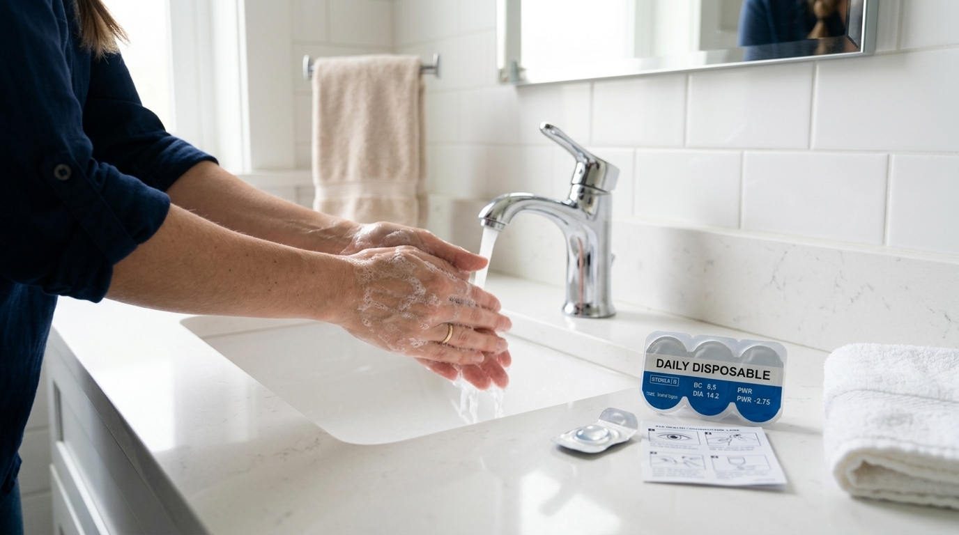 Proper hand hygiene before using daily disposable contact lenses