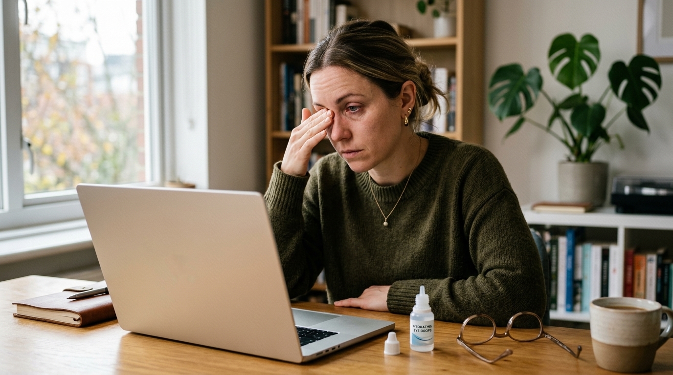 Woman experiencing dry eye symptoms during screen use and hormonal changes