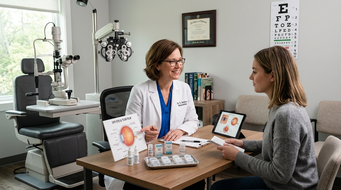 doctor discussing contact lens comfort and dry eye symptoms with a patient