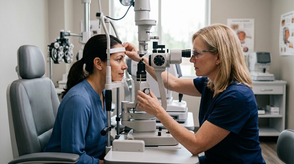 Thyroid eye disease 2026 guide showing eye exam for bulging eyes and double vision symptoms