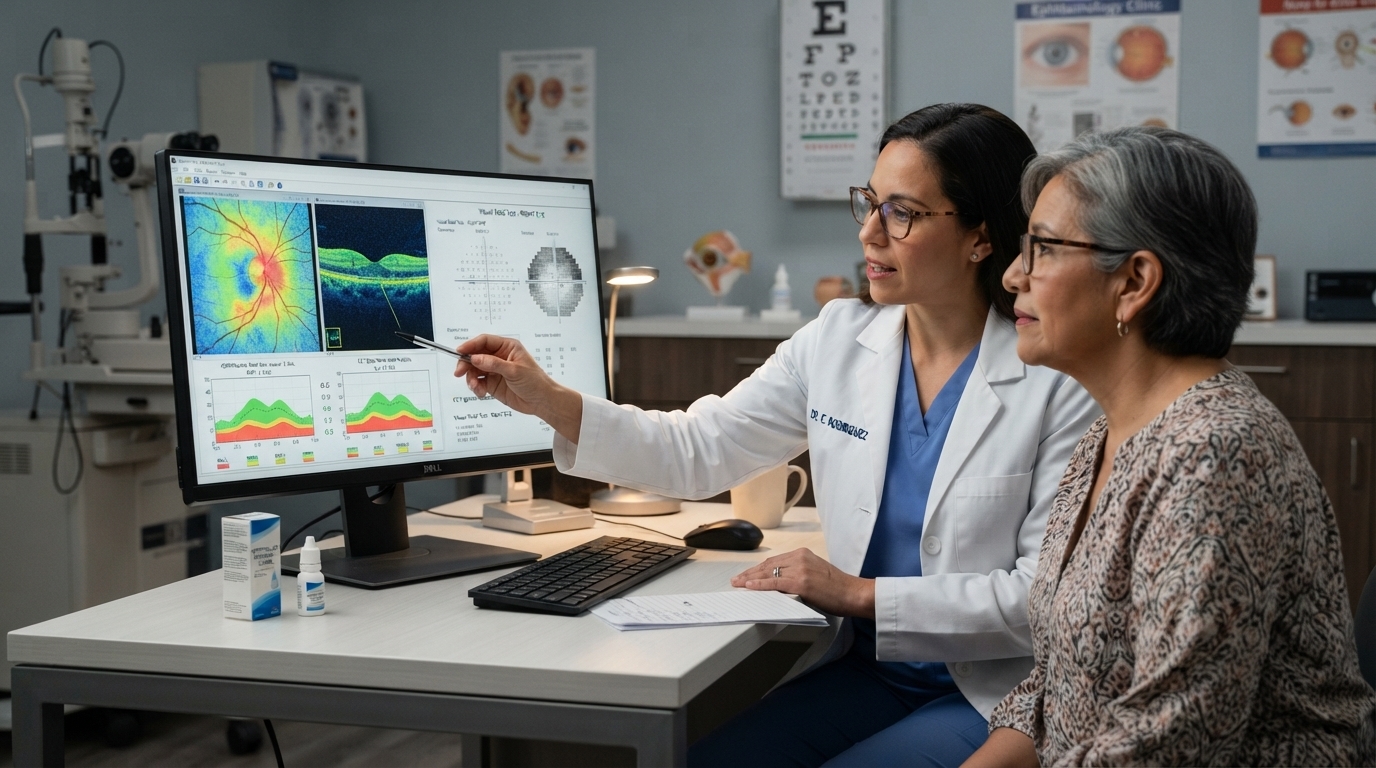 Glaucoma eye drops in 2026 discussed during an eye exam