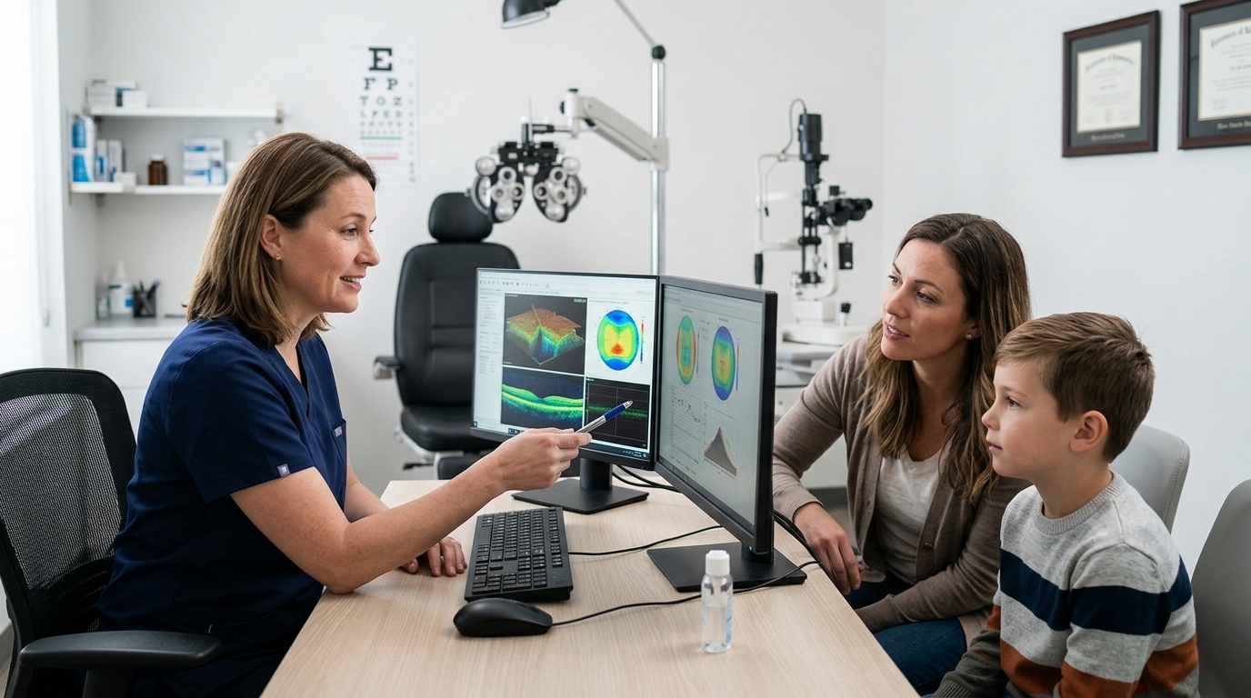 Eye doctor explaining myopia progression measurements and treatment options to a parent