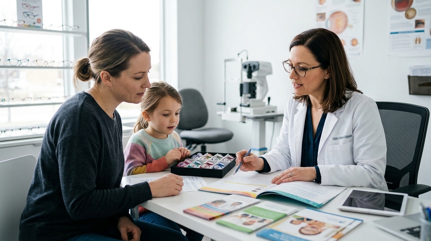 Parent discussing childhood myopia treatment costs and insurance coverage with an eye-care professional
